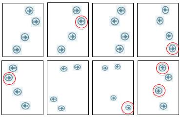 Fig. 6. Simulation result per ten second
       with four virtual agents with the direction of movement (arrows) and the changes of direction
       (encircled) motivated by the ±π rotation.